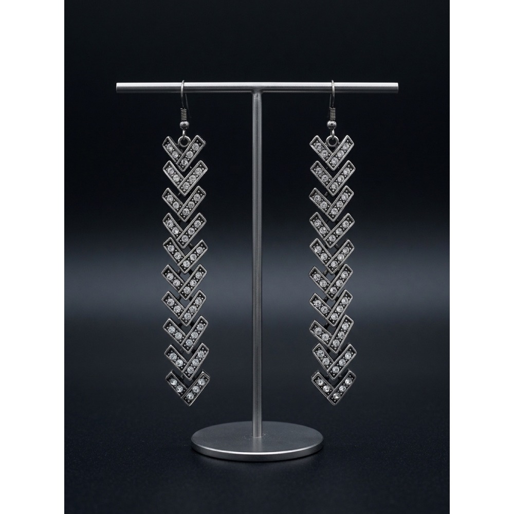 Silver Chevron Rhinestone Long Dangle Earrings Vintage Retro Y2K Grunge Boho